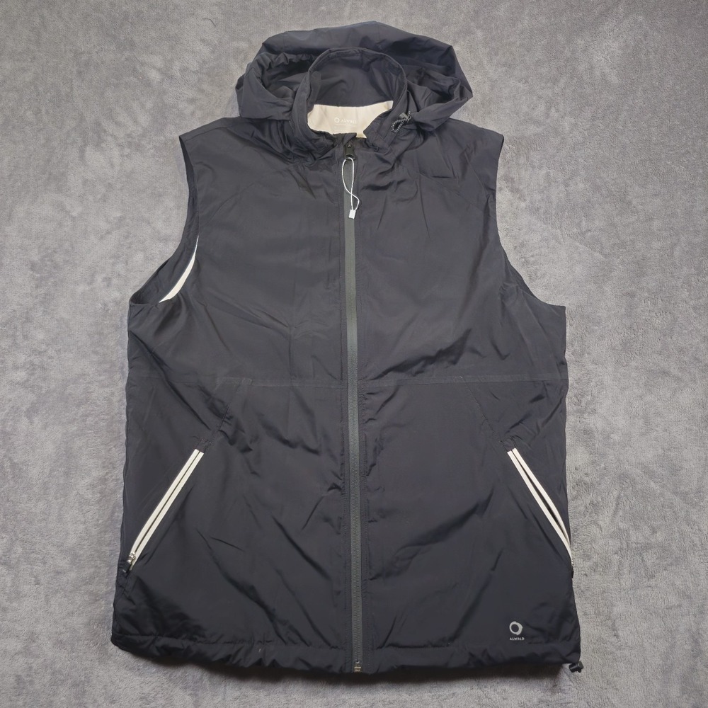 Alwrld Black Biodegradable Vest Full Zip Hooded Sleeveless Puffer Jacket Mens M - Picture 1 of 16